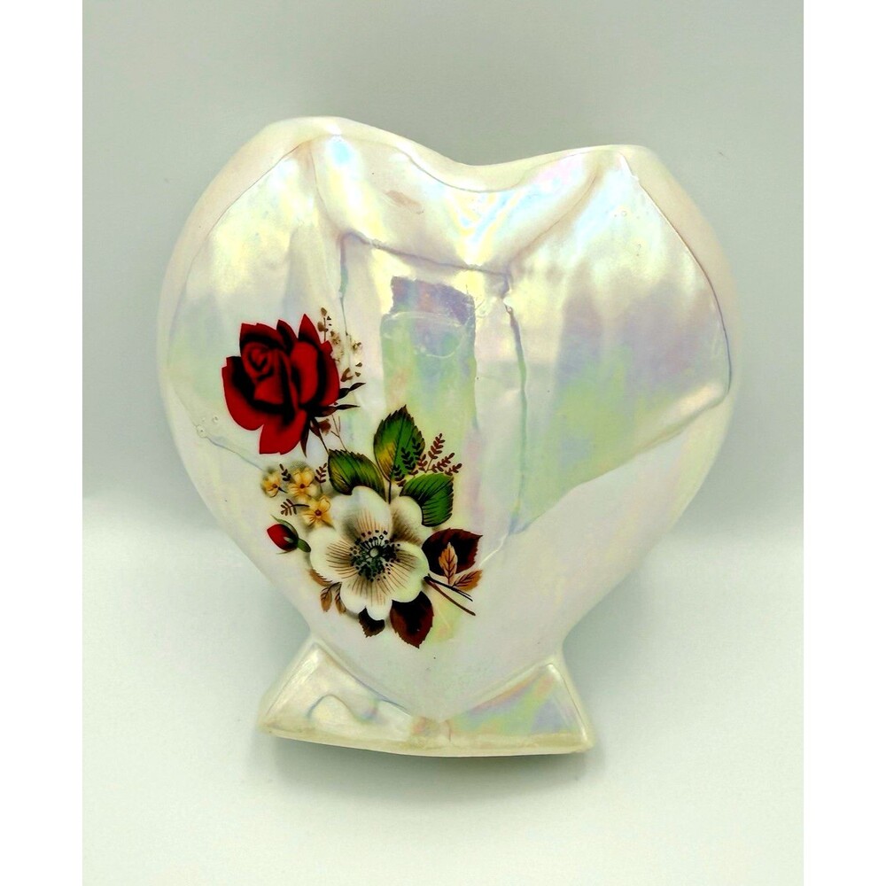 Vintage Heart Shape Vase Genuine Porcelain Red Rose and Violet